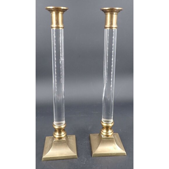 Vintage Clear Lucite and Brass Mid Century Candle Sticks - Picture 1 of 4